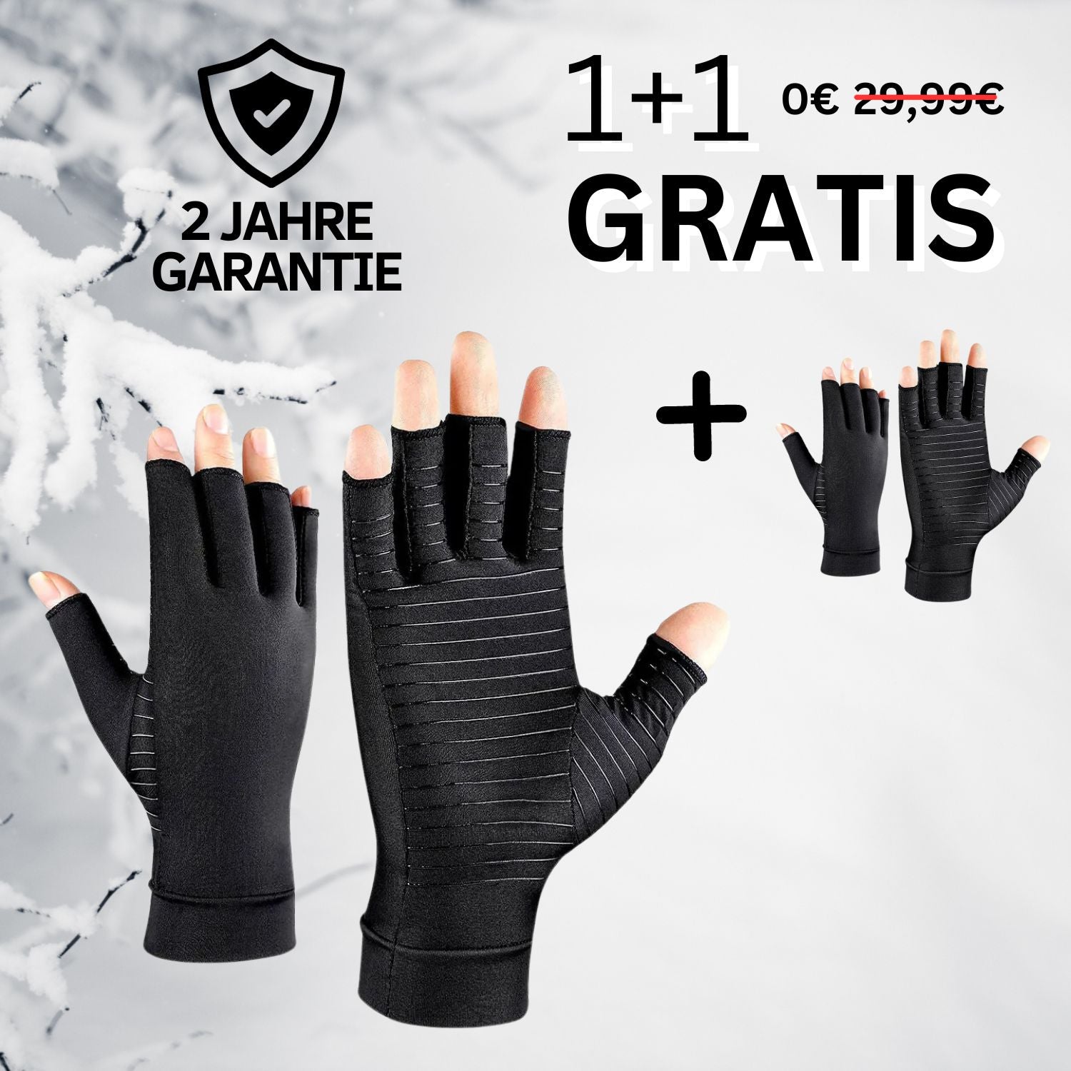 Tieberg™ - Kompressionshandschuhe in schwarz mit offenem Fingerkuppendesign an den Händen, bieten Kälteschutz im Schnee. Text: 2 Jahre Garantie, 1+1 Gratis, jetzt kostenlos statt 29,99€ - nur für kurze Zeit!.