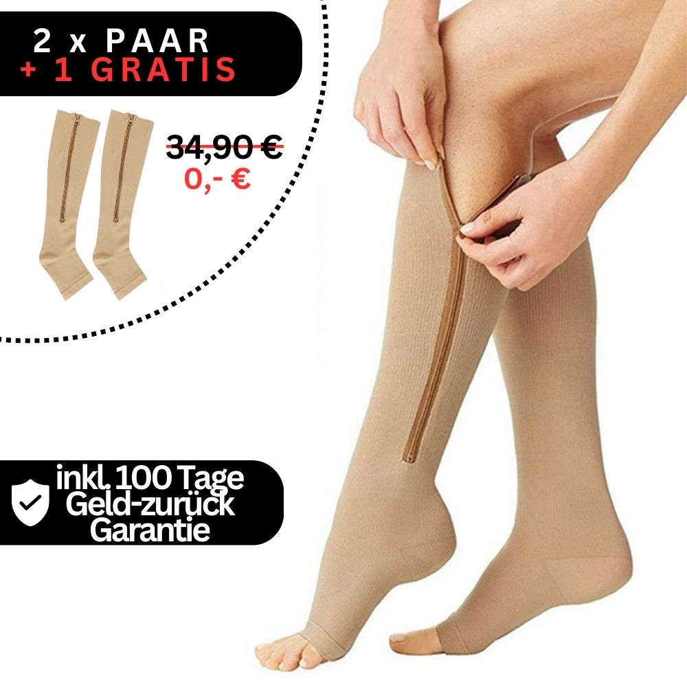 Eine Person trägt Tieberg™️ ZipperSocks - Kompressionsstrümpfe mit Reißverschluss. Angebot: 2 x PAAR + 1 GRATIS, inkl. 100 Tage Geld-zurück-Garantie. Statt 34,90 € jetzt 0 €. Bild links zeigt die Socken.