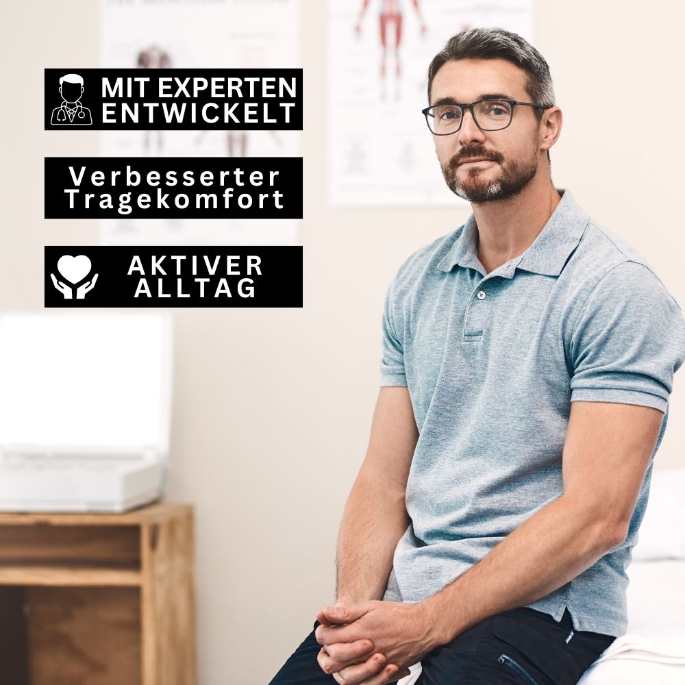 Ein bärtiger Mann mit Brille sitzt auf einem Untersuchungstisch und trägt ein hellgraues Polohemd. Der deutsche Text lautet: Entwickelt mit Experten, verbesserter Komfort - Tieberg™️ ZipperSocks Kompressionsstrümpfe mit Reißverschluss für den aktiven Alltag.