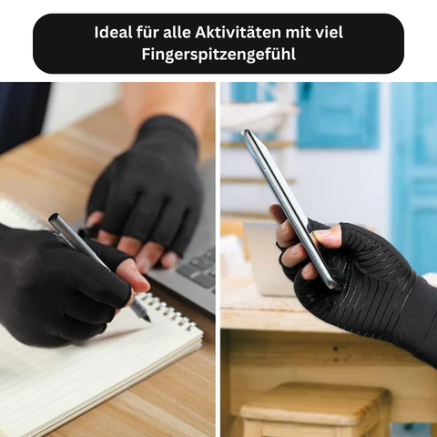 Zwei Bilder zeigen Hände, die Tieberg™ - Kompressionshandschuhe von Tieberg tragen. Eine Hand schreibt in ein Notizbuch, die andere hält ein Smartphone. Text oben: Ideal für Aktivitäten mit Fingerspitzengefühl dank offenem Fingerkuppendesign.