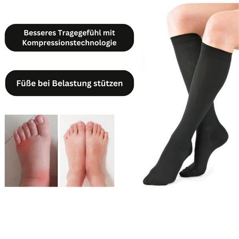 Ein Paar Beine in Tieberg™ - Kniestrümpfe Kompressionssocken. Zwei Fotos vergleichen geschwollene und normale Füße. Deutscher Text: "Besseres Tragegefühl mit Kompressionstechnologie" und "Ergonomische Passform stützt Füße bei Belastung.