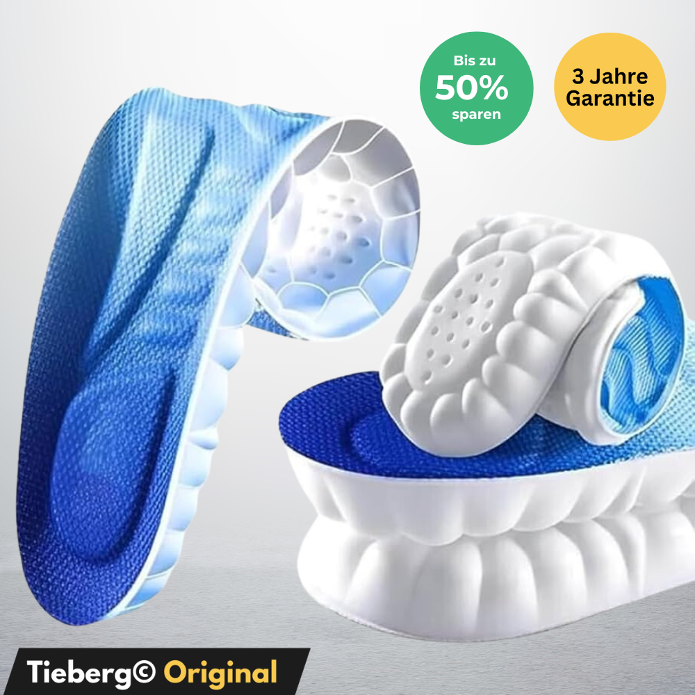 Abgebildet ist ein Paar Tieberg™️ | CloudStep Einlegesohlen mit blauer und weißer Wabenpolsterung, die mit 