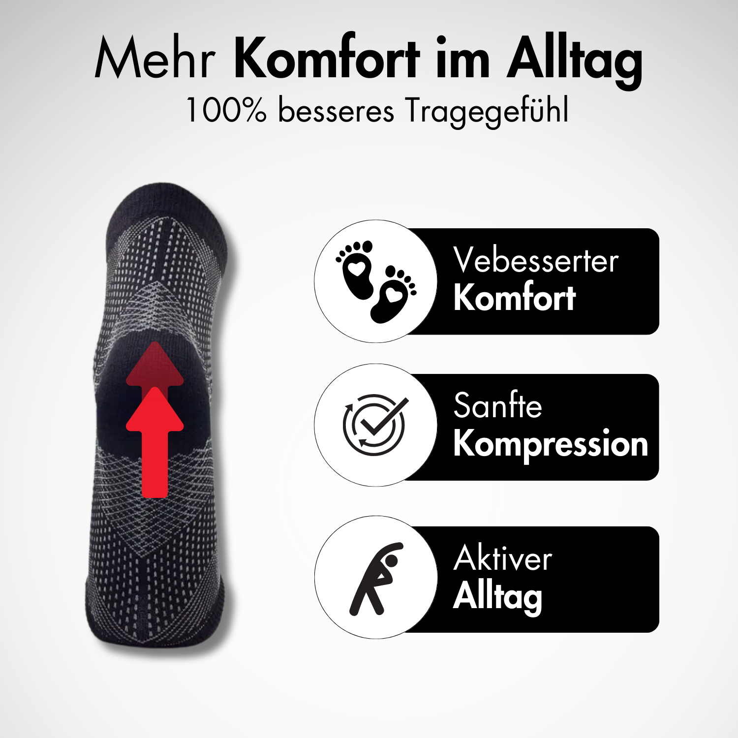 Auf der linken Seite sind die schwarzen Kompressionssocken von Tieberg™️ mit einem roten Pfeil nach oben versehen. Die Icons auf der rechten Seite weisen auf die sanfte Kompression, den verbesserten Tragekomfort und die aktive Nutzung im Alltag hin - dank hochwertigem Lycra-Gewebe.