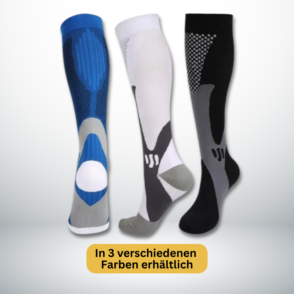 Tieberg™️ Spezial Kompressionsstrümpfe, kniehoch, in Blau, Weiß und Schwarz aus hochwertigem Lycra-Gewebe. Beschriftung: "In 3 verschiedenen Farben erhältlich".