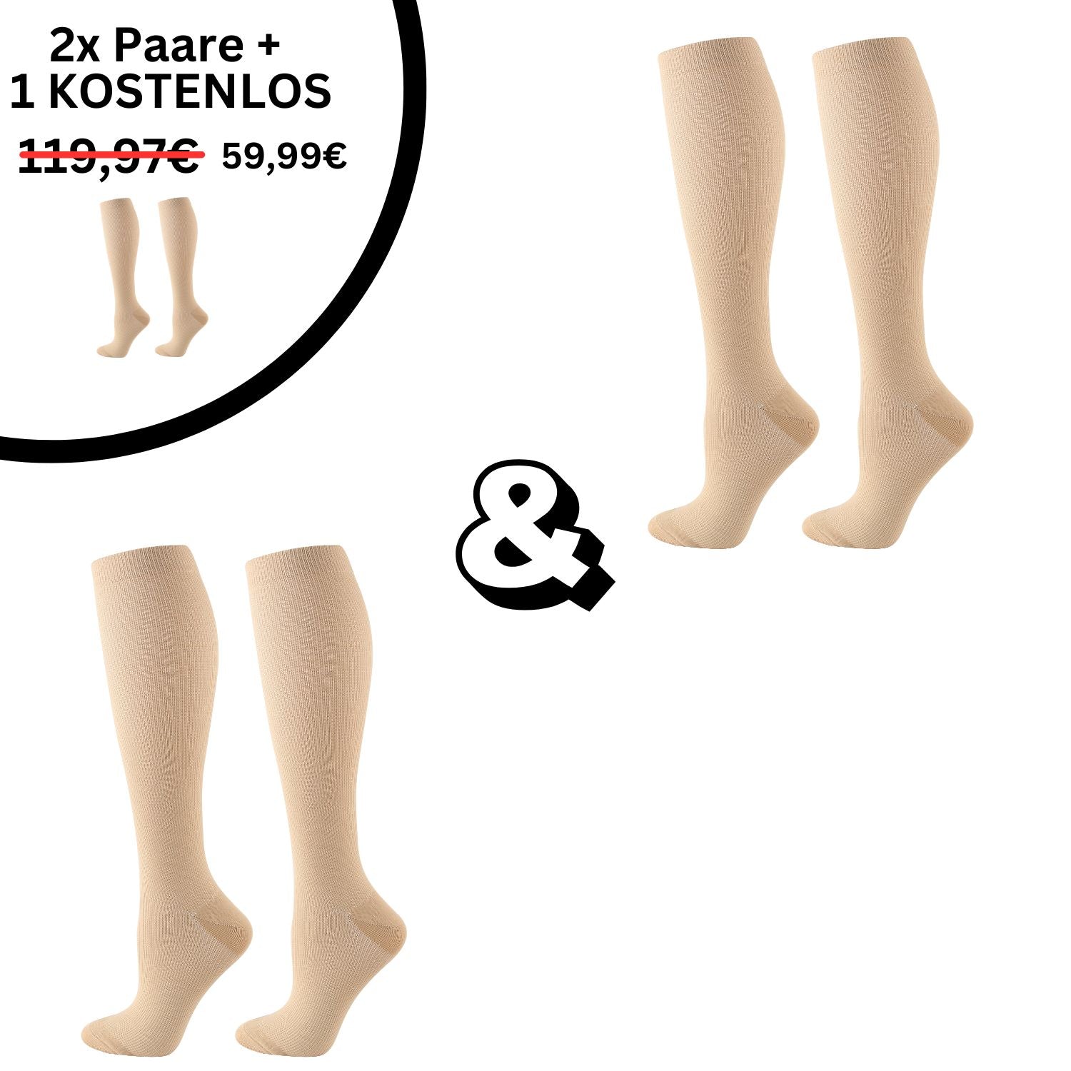 Zwei Paar beige Tieberg™️ - Kniestrümpfe mit ergonomischer Passform auf weißem Hintergrund, deutscher Text: 2x Paare + 1 GRATIS, reduziert von 119,97 € auf 59,99 €.
