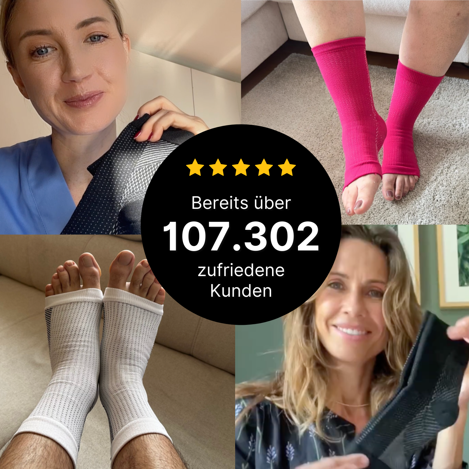 Eine Collage zeigt zwei Frauen mit Tieberg™️ Kompressionssocken sowie Nahaufnahmen weißer und pinker offener Modelle. In der Mitte: "Über 107.302 zufriedene Kunden", fünf Sterne für besten Tragekomfort.