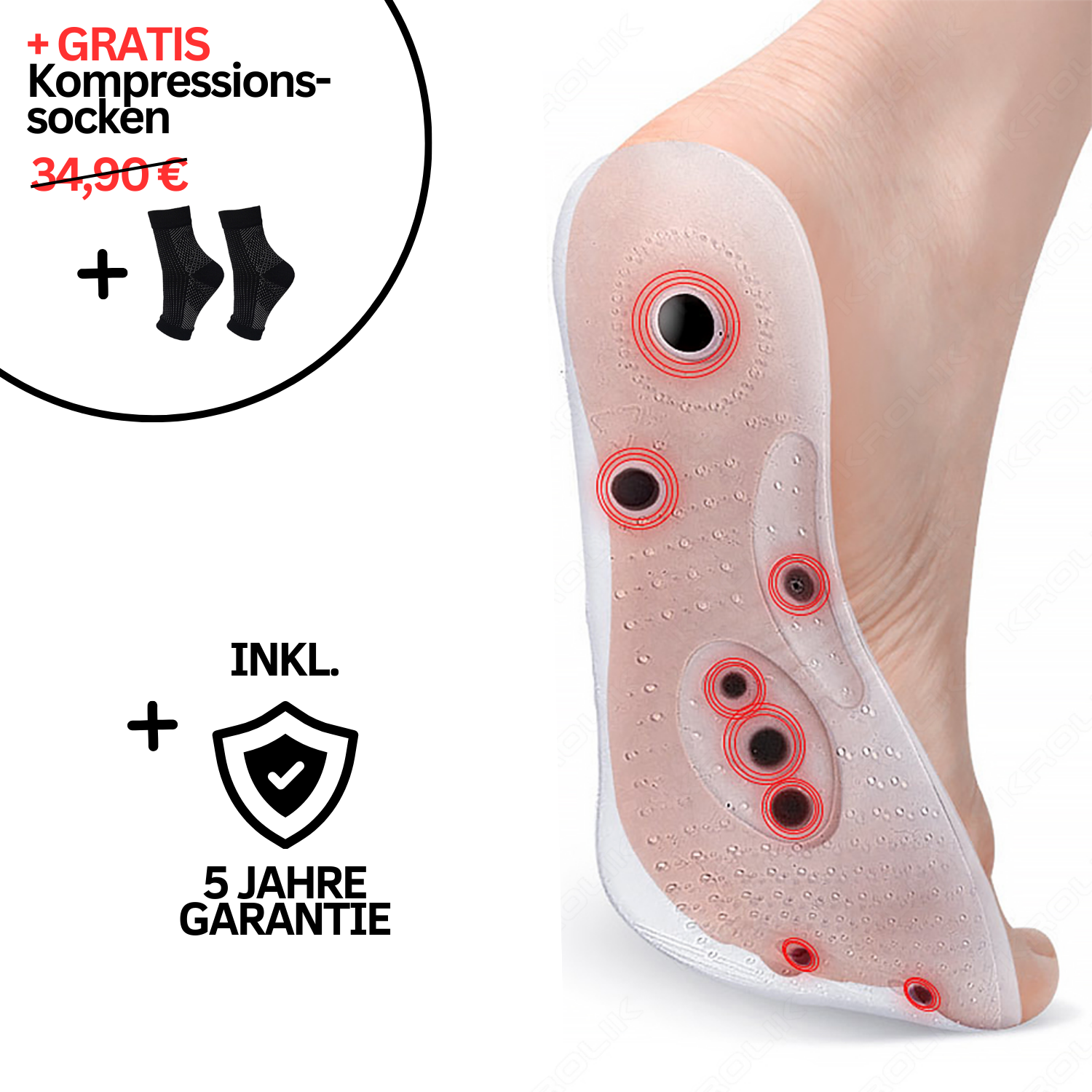 Das Tieberg™️ FußWohl magnetische Akupunktur-Einlegesohlen mit roten Druckpunkten ist unter einem Fuß abgebildet. Im Text werden kostenlose Kompressionssocken (bisher 34,90 €) und eine 5-Jahres-Garantie erwähnt, mit Symbolen für Socken und Garantieschild.