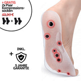 Ein Fuß mit Tieberg™️ FußWohl - Magnetische Akupunktur-Einlegesohlen zeigt rote Druckstellen. Der Text bietet 2 Paar kostenlose FußWohl Kompressionssocken und 5 Jahre Garantie. Icons für Socken und Garantie werden angezeigt.
