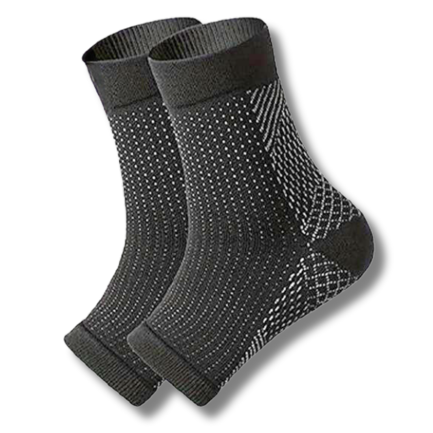 Tieberg™️ Kompressionssocken in schwarz mit weißem Punkt- und Kreuzmuster, nebeneinander auf weißem Grund, bieten optimalen Komfort und Halt.