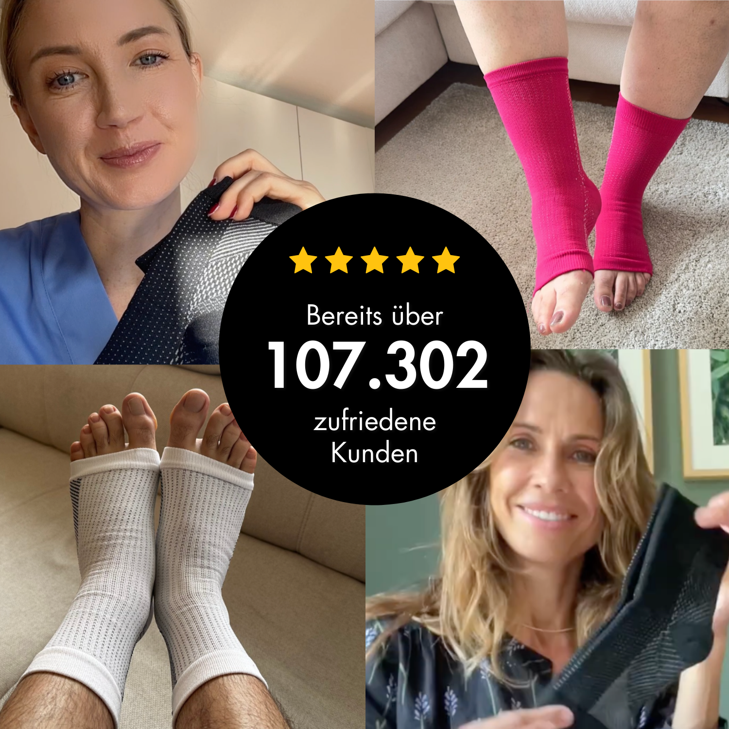 Eine Collage zeigt zwei Frauen mit schwarzen Tieberg™️ Kompressionssocken aus Lycra-Gewebe und zwei Personen mit offenen weißen & pinken Kompressionssocken. In der Mitte steht: Bereits über 107.302 zufriedene Tieberg-Kunden.