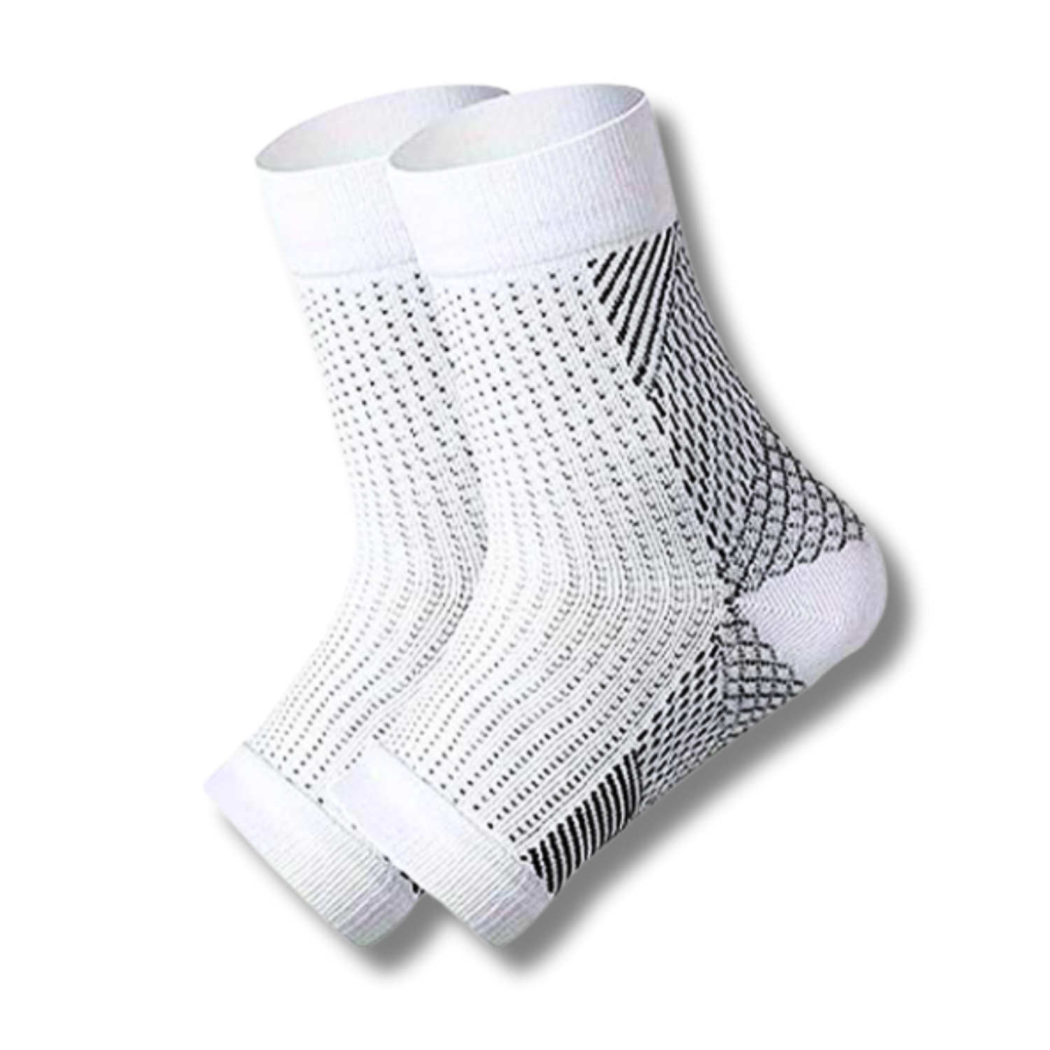 Tieberg™️ Kompressionssocken in Weiß mit schwarzen geometrischen Mustern und strukturierten Designs bieten optimalen Komfort und Halt. Auf einfarbig weißem Hintergrund abgebildet.