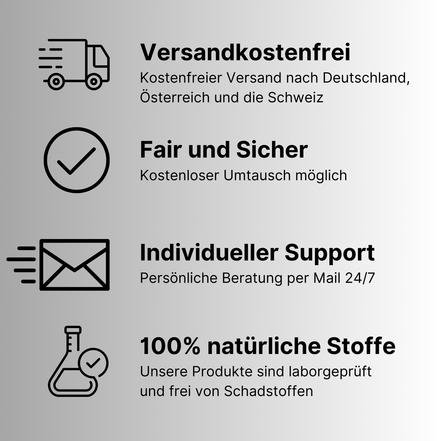 Vier Icons mit deutschem Text: ein Lieferwagen für kostenlosen Versand, ein Häkchen für sichere Rücksendungen, ein Briefumschlag für 24/7 E-Mail-Support und ein Laborkolben für laborgeprüfte, natürliche, giftfreie Tieberg™️ Kompressionssocken. Grauer Hintergrund mit Farbverlauf.