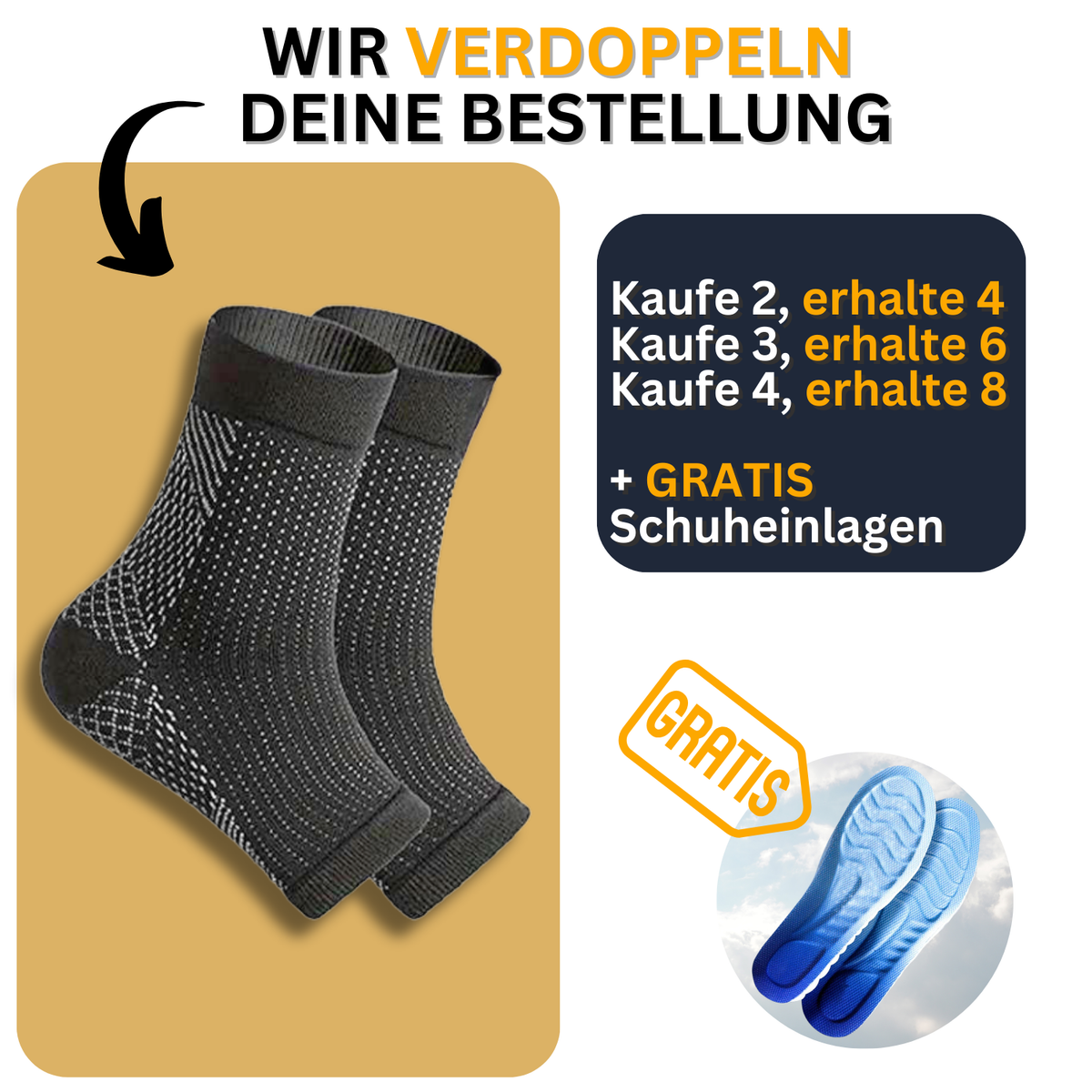 Zwei schwarze und graue Tieberg™️ Kompressionssocken [Verdopplungs Aktion] sind abgebildet. Der deutsche Text hebt hervor: "Wir verdoppeln deine Bestellung" mit einem "Buy-more-get-more"-Angebot und kostenlosen blauen Schuheinlagen als Bonus.