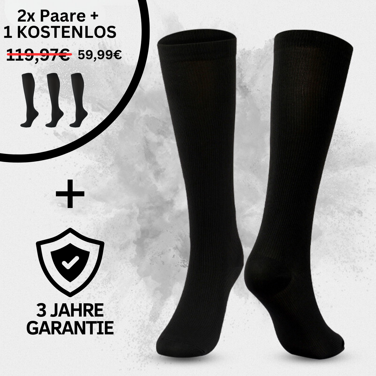 Zwei Tieberg™ - OrthoSocks Kompressionssocken auf grauem Hintergrund. Text: 2x Paare + 1 gratis für 59,99€ statt 119,97€, Schild-Icon und "3 Jahre Garantie". Lindert Schmerzen & fördert Durchblutung.