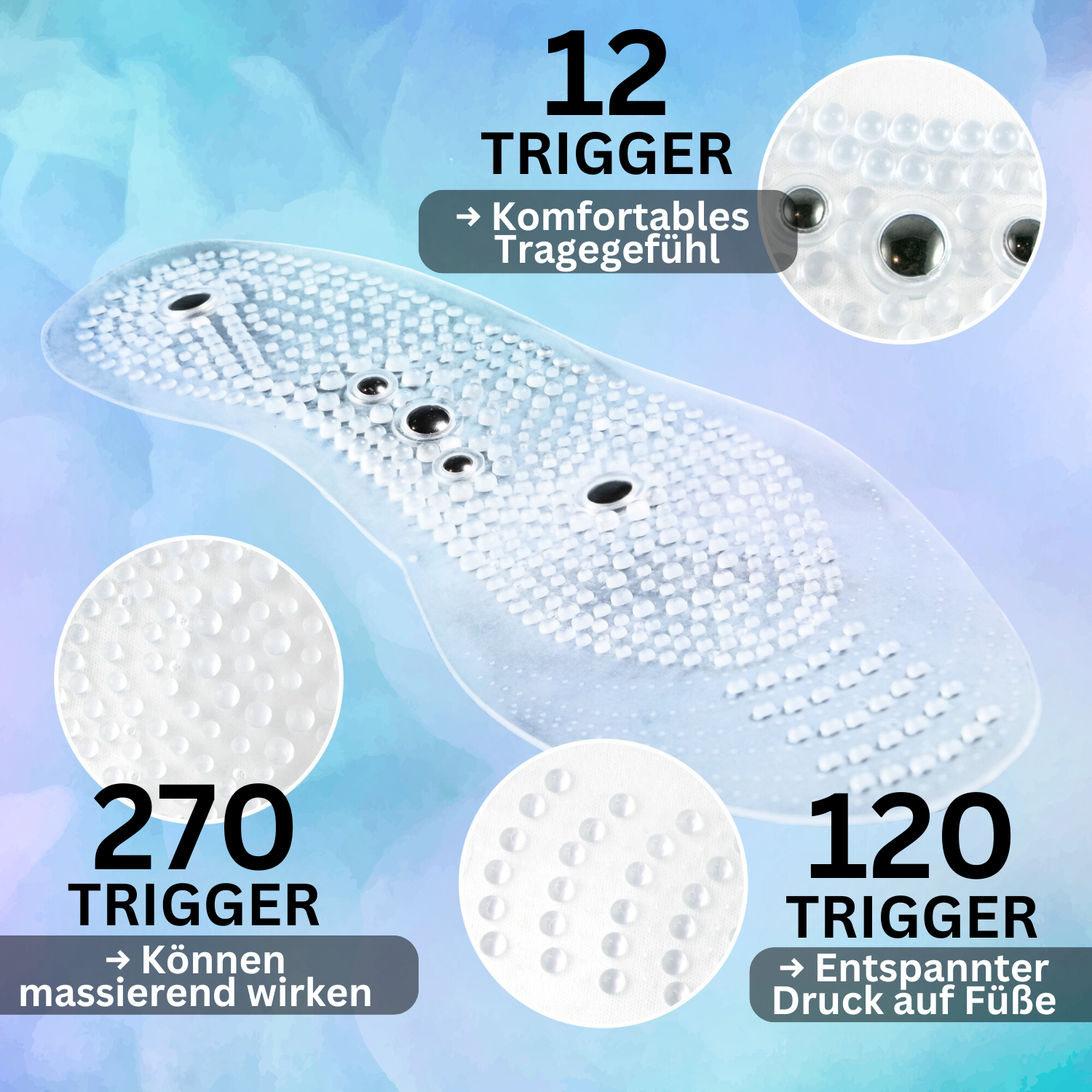 Tieberg™️ Druckpunkt-Einlegesohlen von Tieberg mit strukturierten Zonen und Metallelementen auf blauem Hintergrund. Etiketten zeigen 12, 120 und 270 Triggerpunkte; deutscher Text erklärt Akupressur-Traditionen und Vorteile.