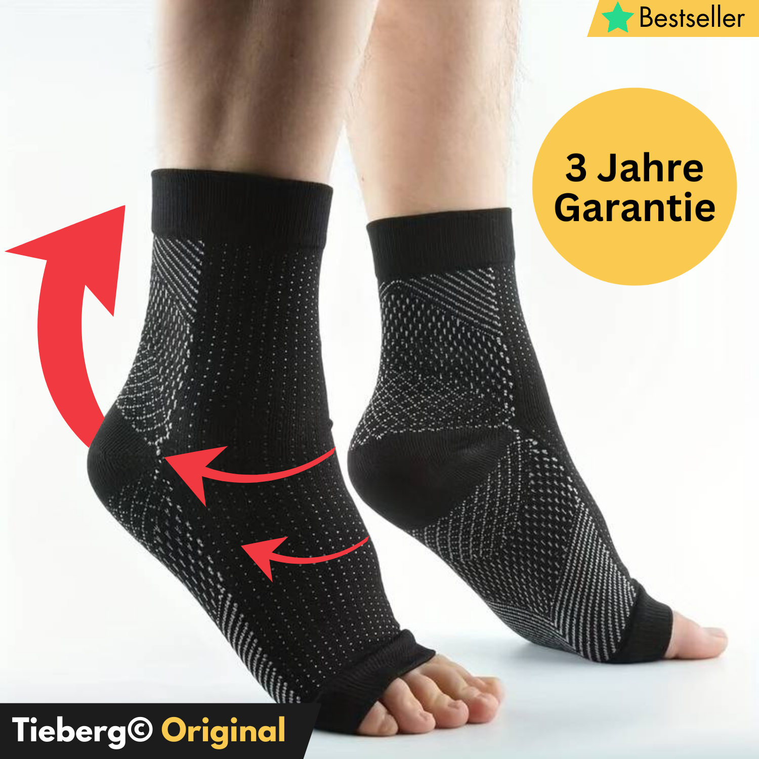 Eine Person trägt Tieberg™️ - Kompressionssocken in Schwarz mit weißen Punkten; rote Pfeile zeigen die Unterstützung. Ein gelber Kreis weist auf "3 Jahre Garantie" hin. Labels kennzeichnen Bestseller, Tieberg Original und optimalen Tragekomfort.