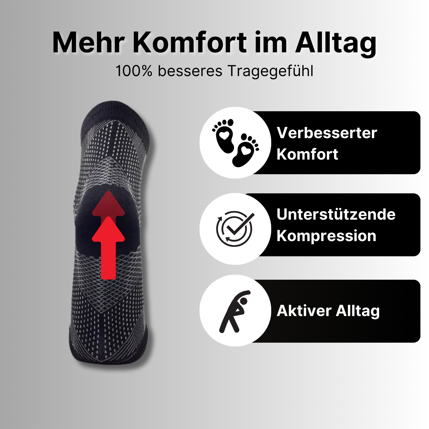 Eine schwarz-graue Tieberg™️ Kompressionssocken ist mit einem roten Pfeil nach oben abgebildet. Der deutsche Text hebt Tragekomfort, Unterstützung und aktiver Alltag auf grauem und weißem Hintergrund hervor.