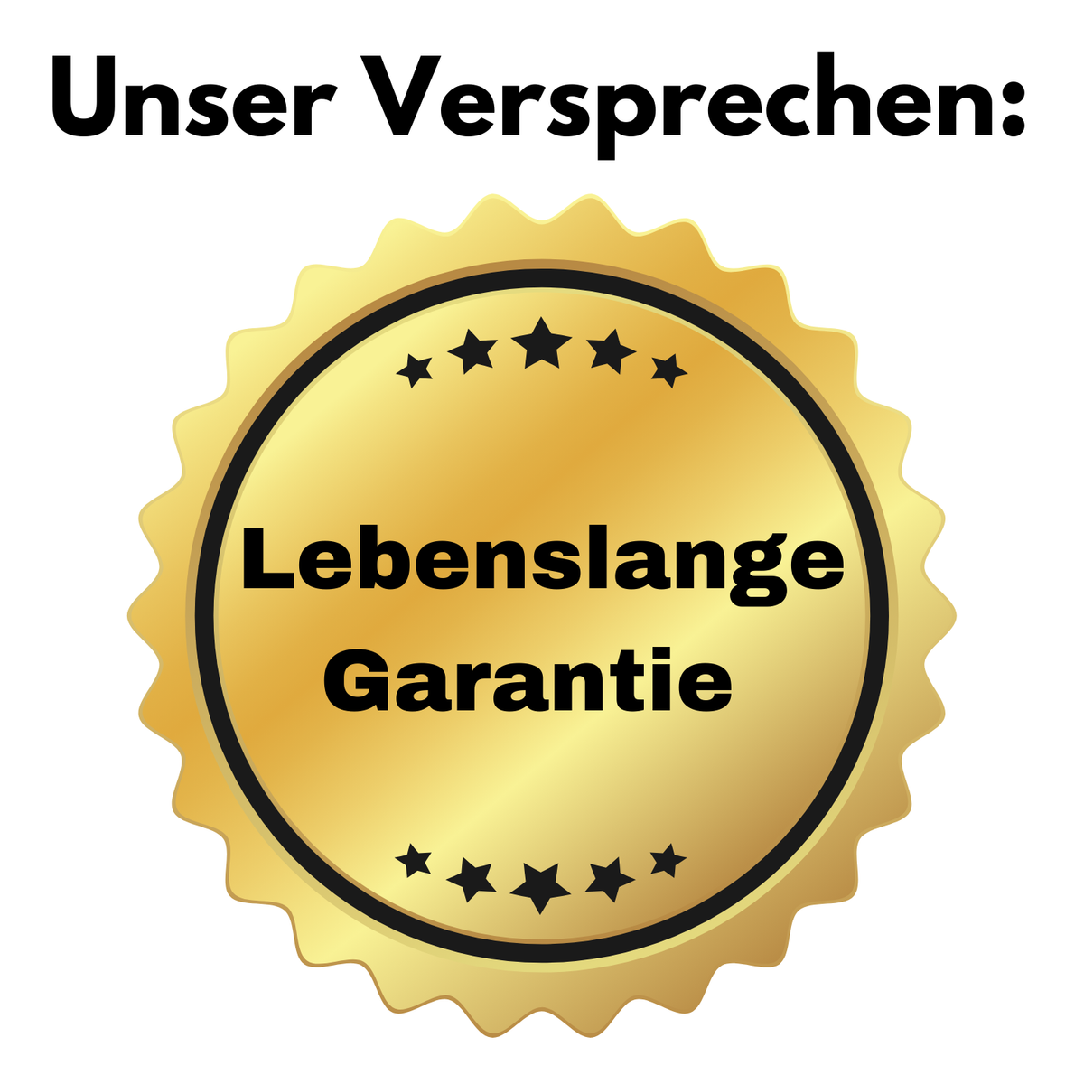 Ein goldenes Siegel mit schwarzen Sternen und dem deutschen Text "Lebenslange Garantie für deine Bestellung" vom Tieberg erscheint unter der fetten schwarzen Überschrift "Unser Versprechen:".