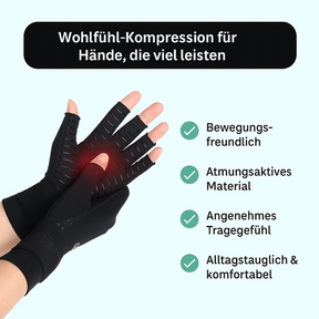Zwei Hände tragen Tieberg© Wellness-Kompressionshandschuhe. Ein roter Bereich markiert die Handfläche. Der Text betont Kälteschutz, atmungsaktives, flexibles Material und hohen Tragekomfort - ideal für das tägliche Wohlbefinden.