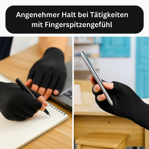 Zwei Fotos: Links schreibt eine Hand in Tieberg© Wellness-Kompressionshandschuhen in ein Notizbuch, rechts hält die behandschuhte Hand ein Smartphone. Text oben: Angenehmer Halt bei Tätigkeiten mit Fingerspitzengefühl und Kälteschutz.
